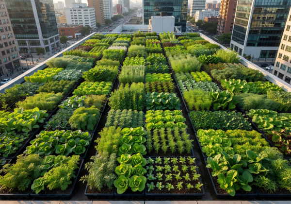 Aerial view of a lush green rooftop farm with rows of growing trays in an urban setting