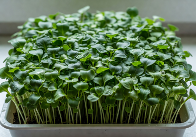 Arugula microgreens with small lobed leaves growing densely in a tray