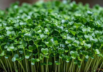 Broccoli microgreens densely packed with tiny green leaves rich in sulforaphane