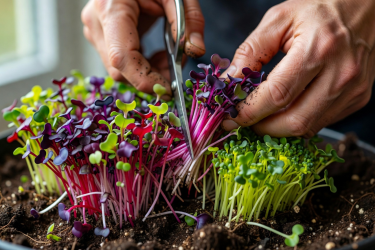 Close-up of colorful microgreens being harvested with small scissors