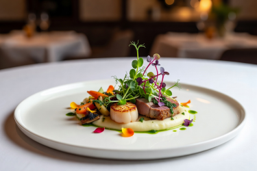 Elegant restaurant dish with artistic microgreen garnish on a white plate