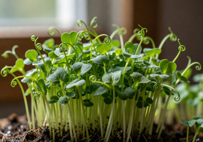 Fresh pea shoot microgreens with curling tendrils and delicate leaves
