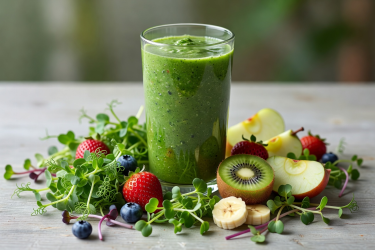 Green smoothie in a glass surrounded by fresh leafy microgreens and fruits