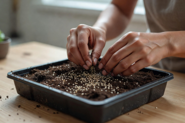 Hands planting seeds into a small growing tray with soil for indoor microgreen gardening