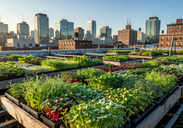 Lush microgreens growing in trays on a sunlit urban rooftop farm with city skyline in background