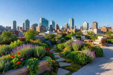 Panoramic view of a rooftop garden with city skyline and blue sky in background