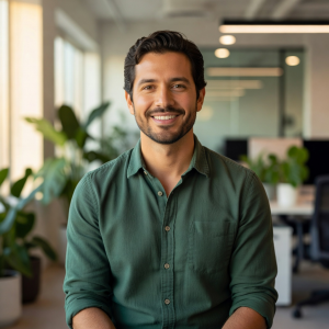 Portrait of Alex Rivera, co-founder and CEO, wearing a casual green shirt