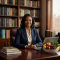 Portrait of Dr. Sarah Okafor, a nutritionist, in her professional office