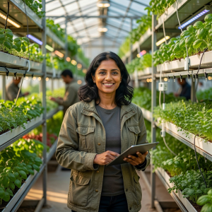 Portrait of Priya Sharma, Head of Growing Operations, smiling outdoors