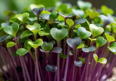 Radish microgreens with purple stems and bright green leaves showing vibrant colors