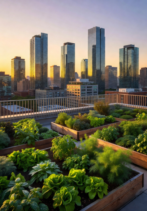 Urban rooftop garden with rows of green plants overlooking a modern city skyline at golden hour