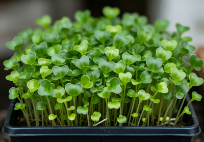 Vibrant sunflower microgreens with bright green leaves in a growing tray