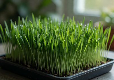 Wheatgrass microgreens growing tall and bright green in a shallow tray